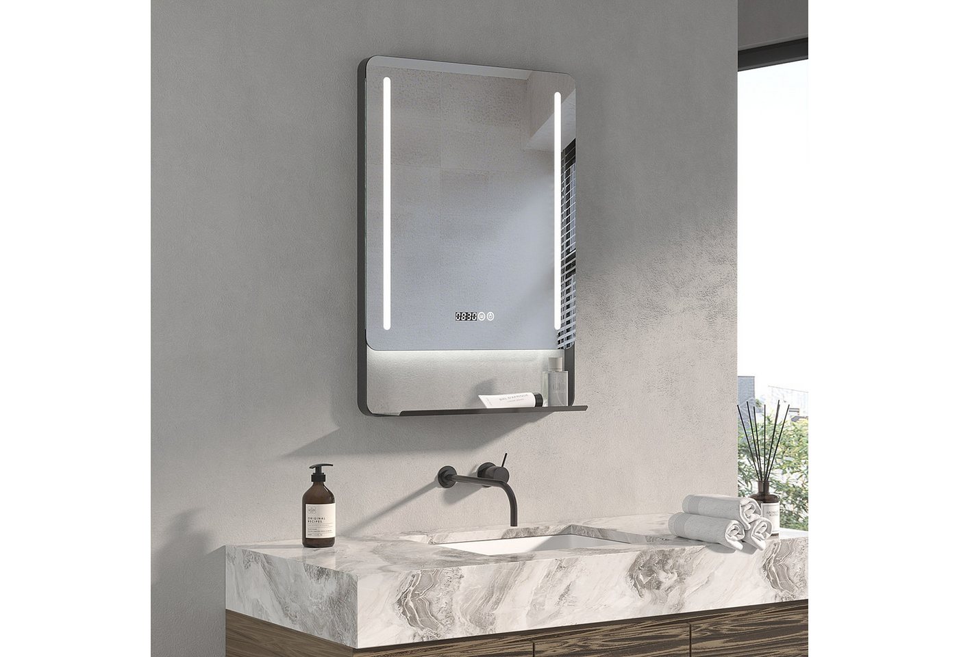 AQUABATOS Badspiegel Badspiegel mit Beleuchtung LED Spiegel Wandspiegel mit Ablage Rechteck, LED Touchschalter Lichtspiegel 6400K & 4500K & 3000K Beschlagfrei Bild 2