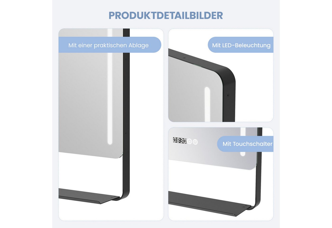 AQUABATOS Badspiegel Badspiegel mit Beleuchtung LED Spiegel Wandspiegel mit Ablage Rechteck, LED Touchschalter Lichtspiegel 6400K & 4500K & 3000K Beschlagfrei Bild 3