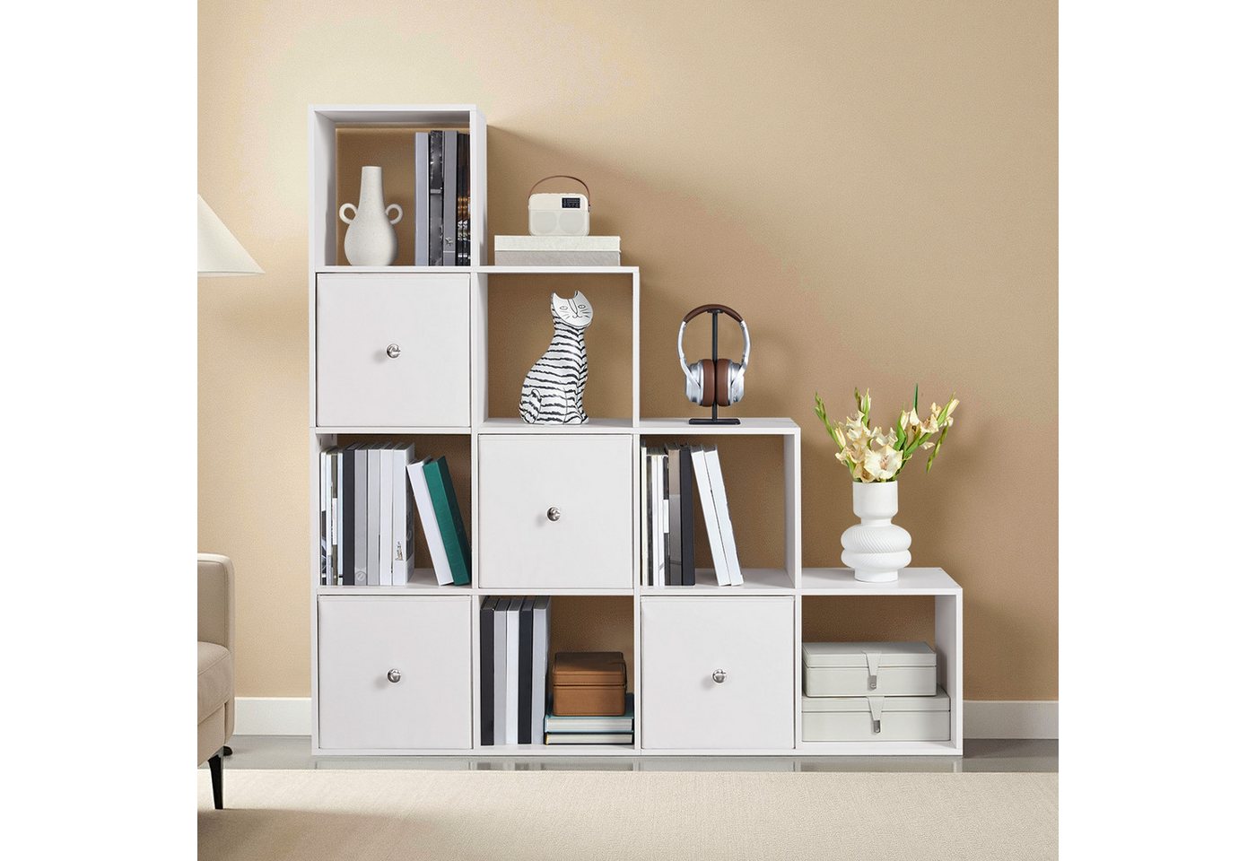 Yaheetech Bücherregal L-Förmiges Würfelregal mit 10 Fächern und 4 Aufbewahrungskörben, Cube-Regal für 120–200 Bücher Belastbar bis 100 kg Bild 2