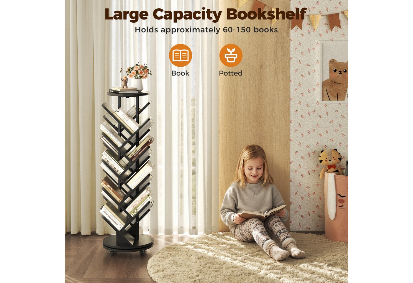 Patbrela Bücherregal 360° Bücherregal Drehbar Standregal Multifunktionales 17 Ebenen, Beweglich und Feststellbar, für Wohnzimmer Schlafzimmer, 40x40x127cm Bild 3