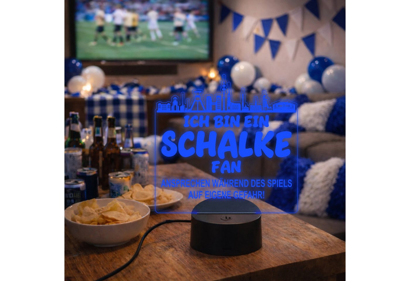 Lieblingsmensch LED Nachtlicht Fußball - Ich bin ein Schalke Fan - Ansprechen auf eigene Gefahr, LED fest integriert, Farbwechsel oder feste Farbe mit Fernbedienung & Touch, Man Cave Stimmungslicht – 19x23cm
