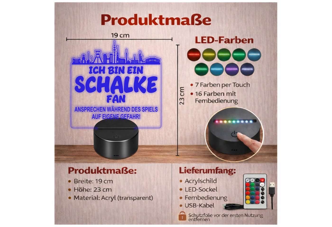 Lieblingsmensch LED Nachtlicht Fußball - Ich bin ein Schalke Fan - Ansprechen auf eigene Gefahr, LED fest integriert, Farbwechsel oder feste Farbe mit Fernbedienung & Touch, Man Cave Stimmungslicht – 19x23cm Bild 3