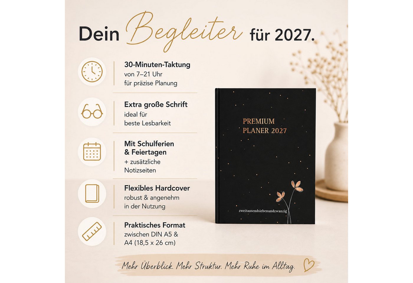 TOBJA Buchkalender Premium Planer 2027 Buchkalender schwarz Roségold OptiPlaner Noir FSC, Roségold-Akzent, 30-Min-Taktung, 18,5x26 cm, FSC, 4-sprachig
