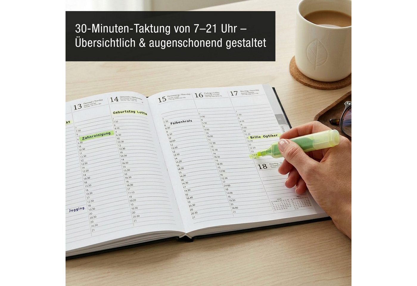 TOBJA Buchkalender Premium Planer 2027 Buchkalender schwarz Roségold OptiPlaner Noir FSC, Roségold-Akzent, 30-Min-Taktung, 18,5x26 cm, FSC, 4-sprachig Bild 2