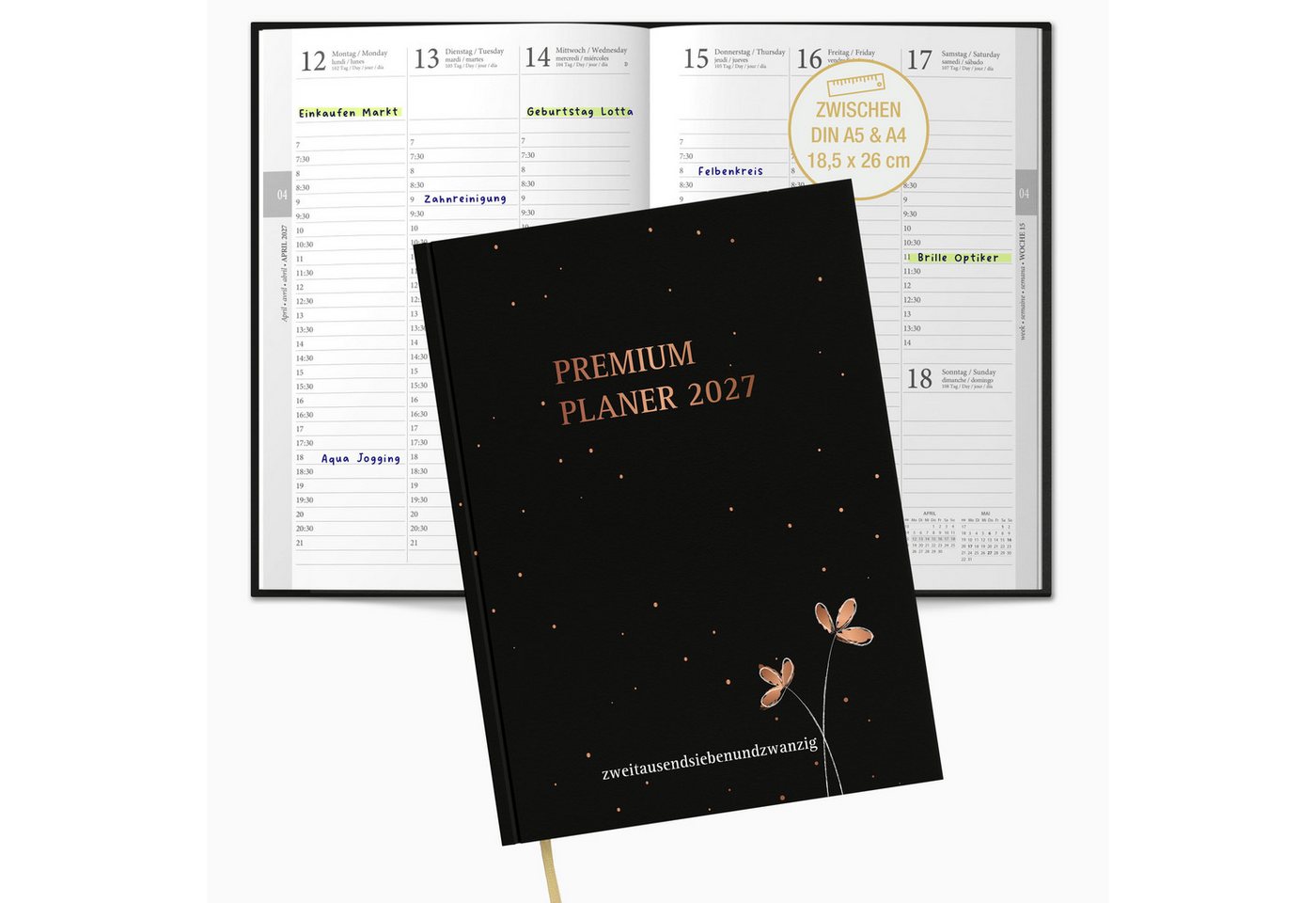 TOBJA Buchkalender Premium Planer 2027 Buchkalender schwarz Roségold OptiPlaner Noir FSC, Roségold-Akzent, 30-Min-Taktung, 18,5x26 cm, FSC, 4-sprachig Bild 5