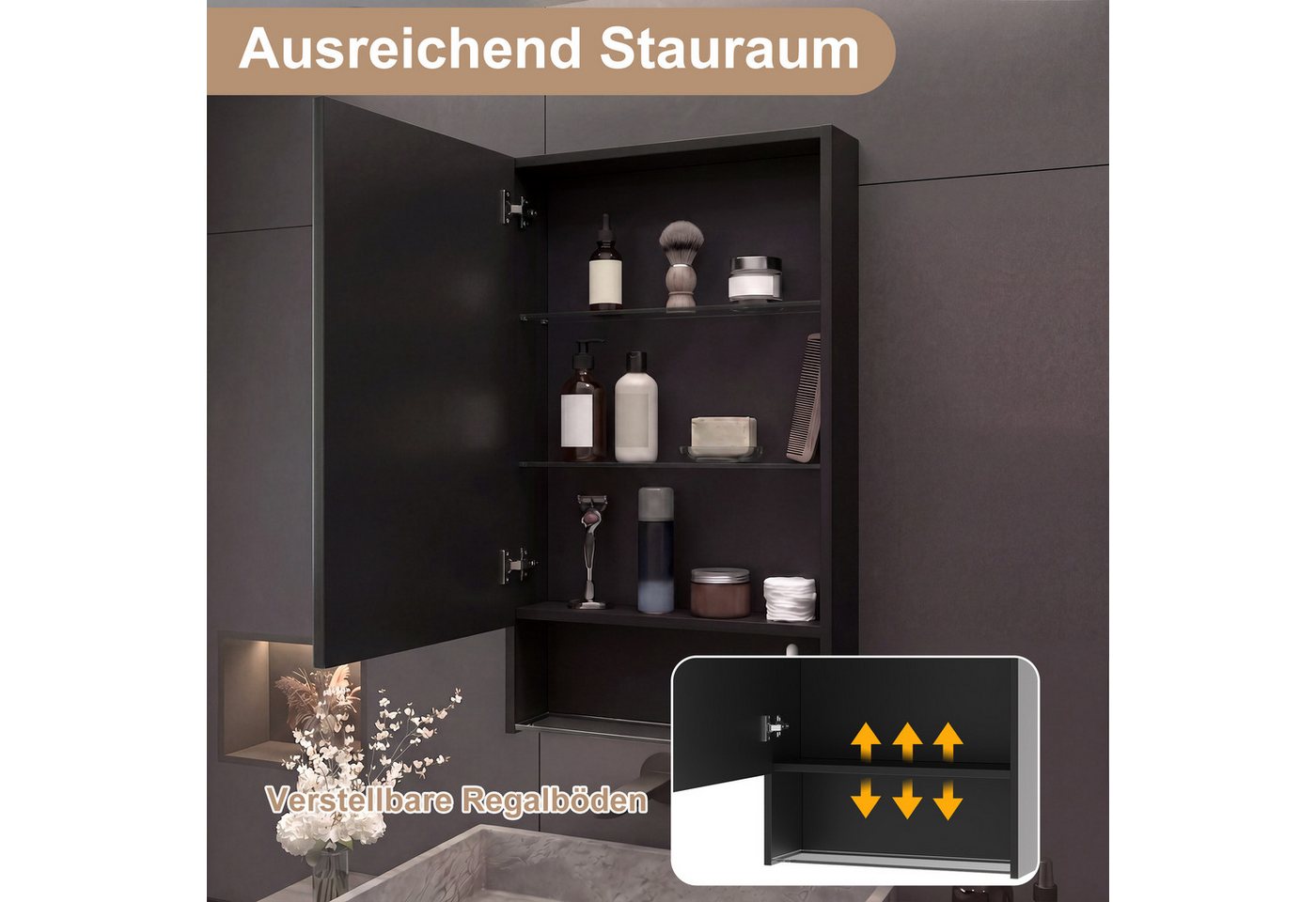 Furnishings Home Badezimmerspiegelschrank Spiegelschrank Wandschrank Hängeschrank (1-St., Drei einstellbare Lichtfarbtemperaturen) inkl. LED-Beleuchtung, Touchschalter, Beschlagfrei, Offene Staufächer