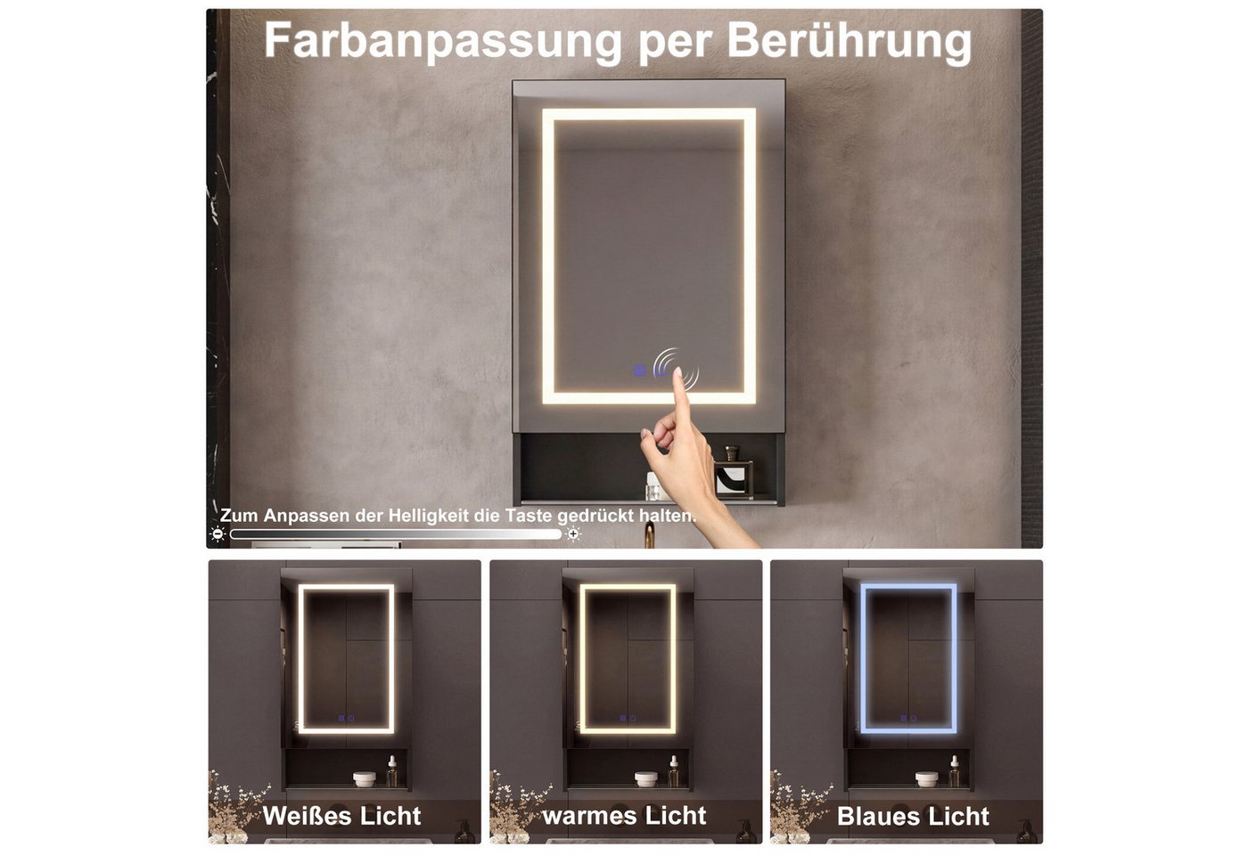 Furnishings Home Badezimmerspiegelschrank Spiegelschrank Wandschrank Hängeschrank (1-St., Drei einstellbare Lichtfarbtemperaturen) inkl. LED-Beleuchtung, Touchschalter, Beschlagfrei, Offene Staufächer Bild 2
