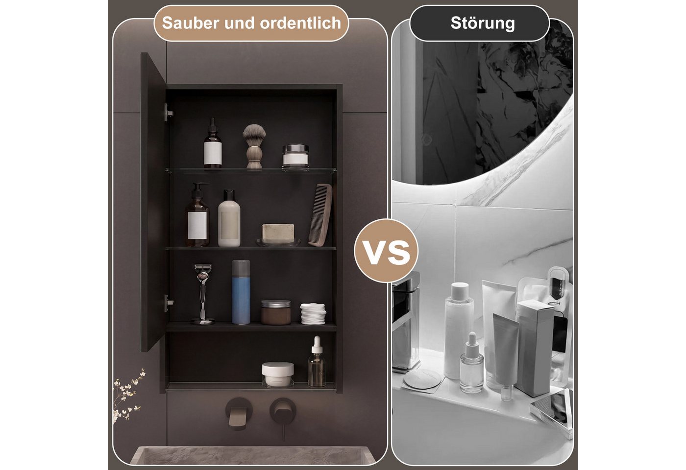 Furnishings Home Badezimmerspiegelschrank Spiegelschrank Wandschrank Hängeschrank (1-St., Drei einstellbare Lichtfarbtemperaturen) inkl. LED-Beleuchtung, Touchschalter, Beschlagfrei, Offene Staufächer Bild 5