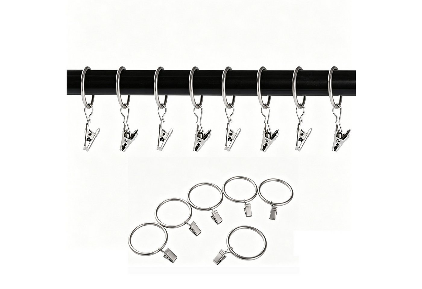 MOPUEA Gardinenring Gardinenring mit Ringen, 30St, Metall Vorhangringe Gardinenklemmen, (Vorhangzubehör-Set, 30 Metall Vorhangringe mit starken Clips), Rostfrei, stabil, gleitfähig, langlebig, vielseitig