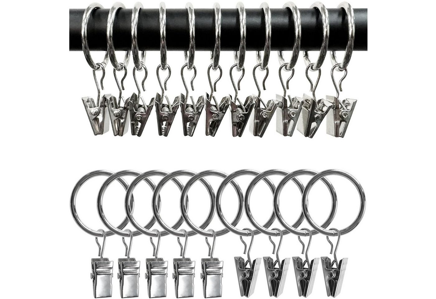MOPUEA Gardinenring Gardinenring mit Ringen, 30St, Metall Vorhangringe Gardinenklemmen, (Vorhangzubehör-Set, 30 Metall Vorhangringe mit starken Clips), Rostfrei, stabil, gleitfähig, langlebig, vielseitig Bild 3