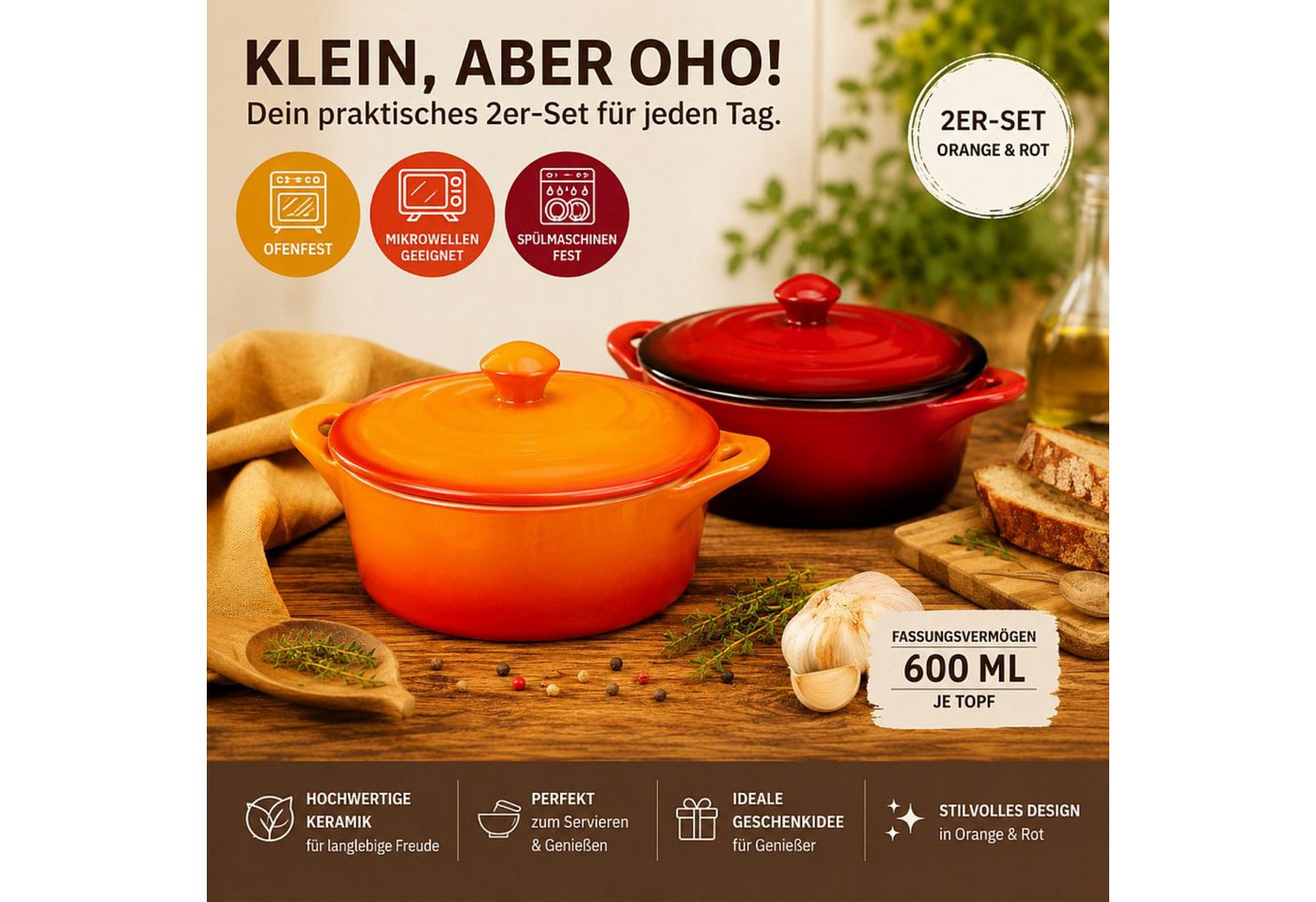 Koopman Ofenschale Auflaufform Gartopf Ofenform 2 Farben Keramik 2 Stk, Keramik, (Set, 2-St., Packung), 2er Set, mit Deckel, Keramik, Orange + Rot Bild 2