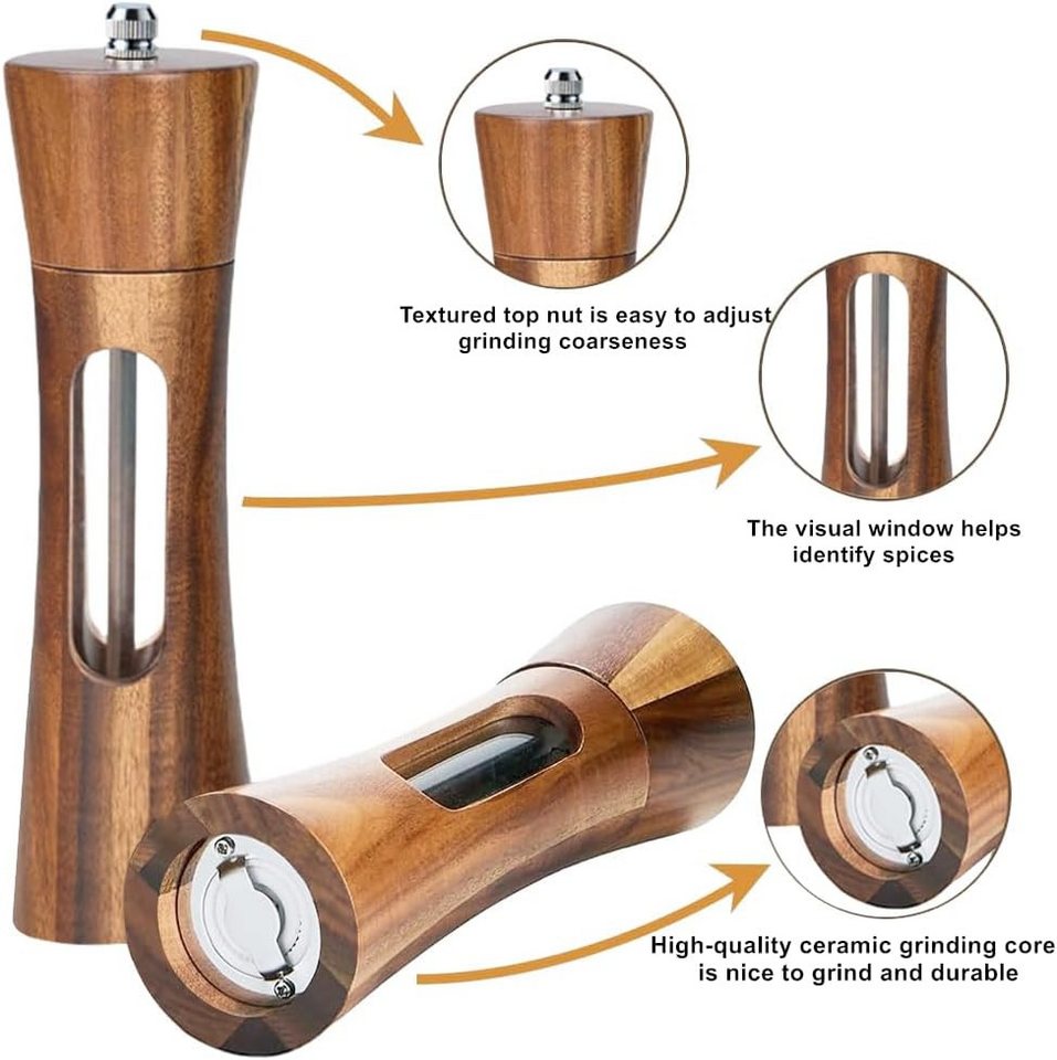Refined Living Salz-/Pfeffermühle Gewürzmühle Set manuell, Akazienholz Pfeffermühle, mit Keramikmahlwerk Gewürzmühle Set, Salz- und Pfeffermühle Set Holz 2er Set 20cm, Pfeffermühle Holz Salzstreuer, stufenlos einstellbar wiederbefüllbar mit Holzsockel, 1 × Löffel 2×Reinigungsbürsten, ergonomisches, langlebiges, Korrosionsbeständig, verschleißfest, für Küche, Grillabende und Esstisch, (2 Stück), für Mahlen von Salz, Pfeffer, Chili, Kräuter & viele weitere Gewürze Bild 2
