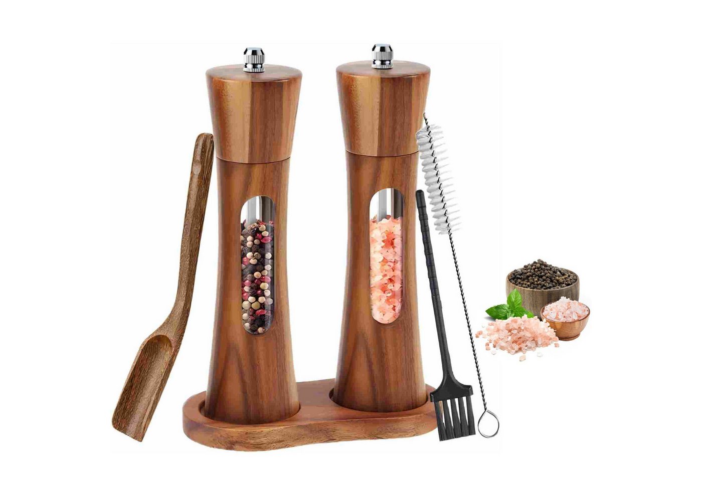 Refined Living Salz-/Pfeffermühle Gewürzmühle Set manuell, Akazienholz Pfeffermühle, mit Keramikmahlwerk Gewürzmühle Set, Salz- und Pfeffermühle Set Holz 2er Set 20cm, Pfeffermühle Holz Salzstreuer, stufenlos einstellbar wiederbefüllbar mit Holzsockel, 1 × Löffel 2×Reinigungsbürsten, ergonomisches, langlebiges, Korrosionsbeständig, verschleißfest, für Küche, Grillabende und Esstisch, (2 Stück), für Mahlen von Salz, Pfeffer, Chili, Kräuter & viele weitere Gewürze Bild 3