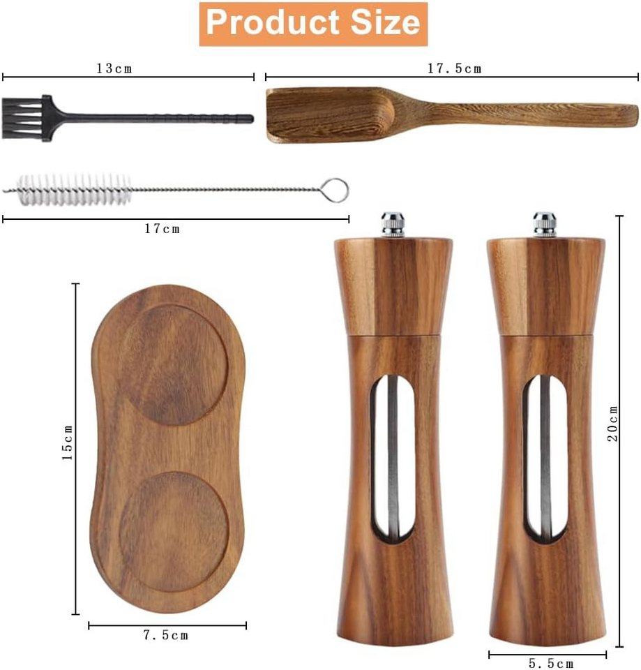 Refined Living Salz-/Pfeffermühle Gewürzmühle Set manuell, Akazienholz Pfeffermühle, mit Keramikmahlwerk Gewürzmühle Set, Salz- und Pfeffermühle Set Holz 2er Set 20cm, Pfeffermühle Holz Salzstreuer, stufenlos einstellbar wiederbefüllbar mit Holzsockel, 1 × Löffel 2×Reinigungsbürsten, ergonomisches, langlebiges, Korrosionsbeständig, verschleißfest, für Küche, Grillabende und Esstisch, (2 Stück), für Mahlen von Salz, Pfeffer, Chili, Kräuter & viele weitere Gewürze Bild 4
