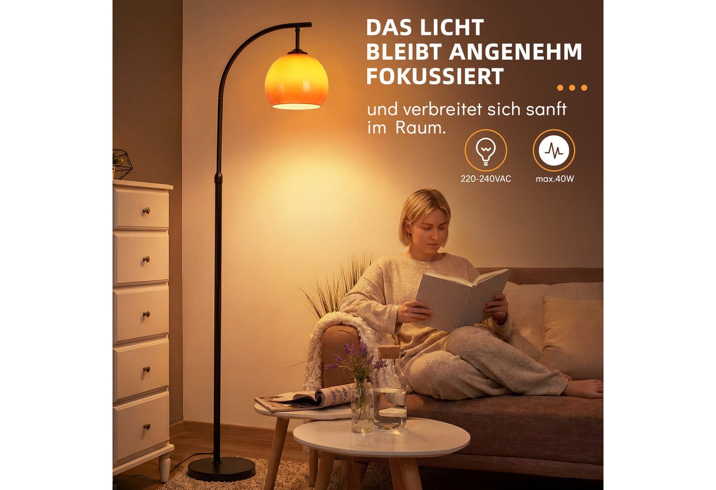 Nettlife Stehlampe bogen wohnzimmer Angelstil Höhe verstellbar drehbarer Fußschalter E27, ohne Leuchtmittel, für Wohnzimmer Schlafzimmer Arbeitszimmer Eisen Glas 220-240V max. 40W