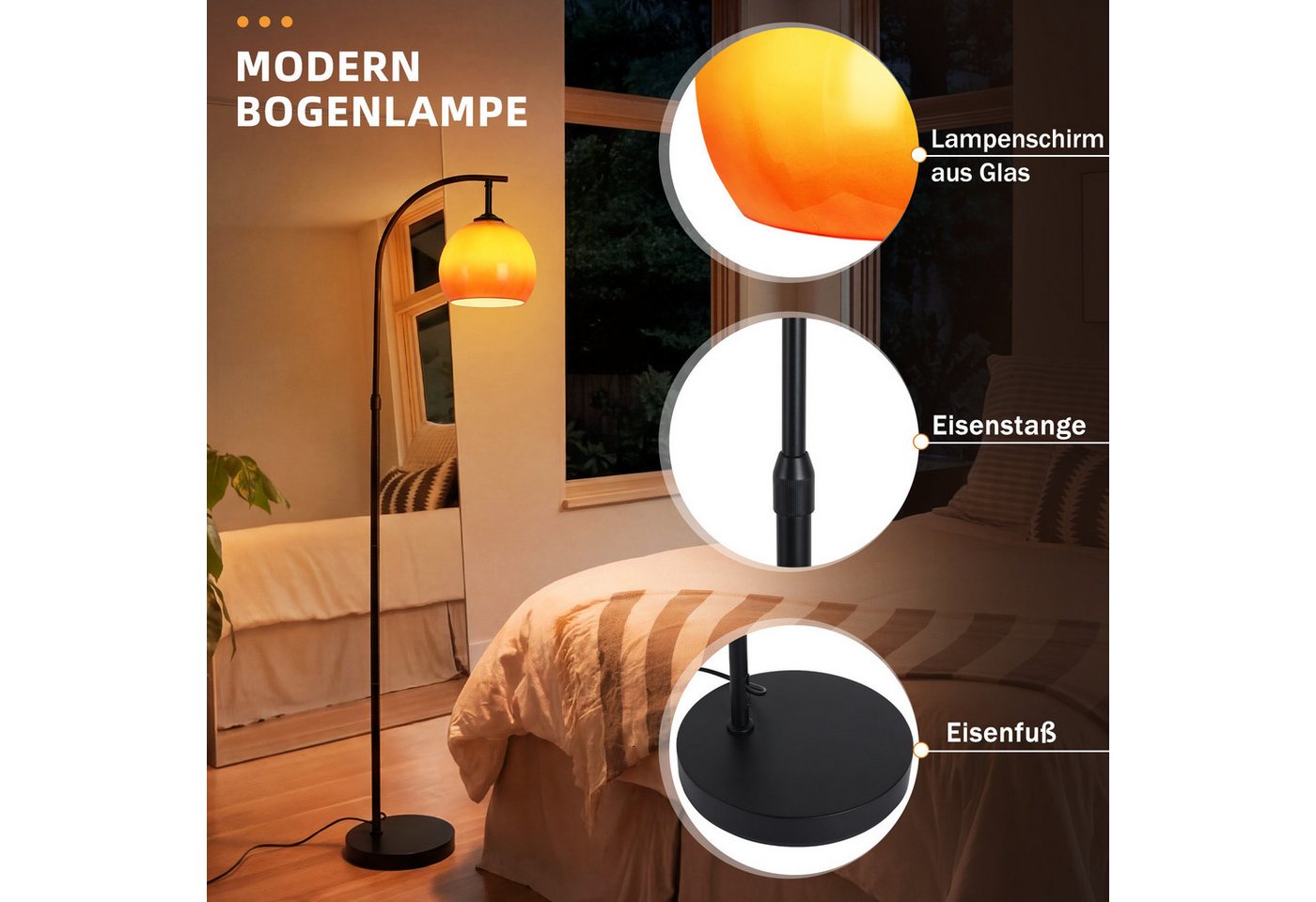 Nettlife Stehlampe bogen wohnzimmer Angelstil Höhe verstellbar drehbarer Fußschalter E27, ohne Leuchtmittel, für Wohnzimmer Schlafzimmer Arbeitszimmer Eisen Glas 220-240V max. 40W Bild 4
