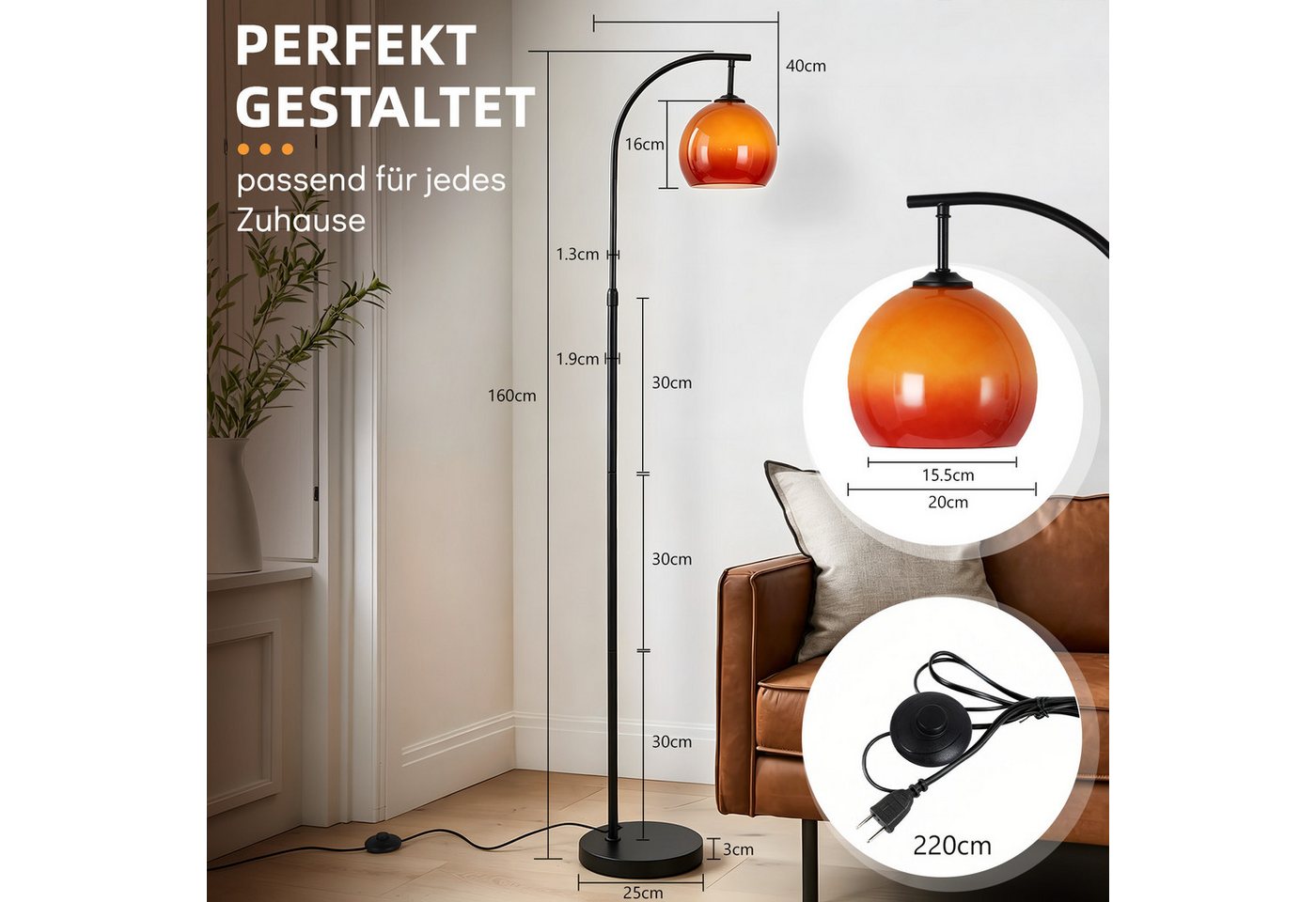 Nettlife Stehlampe bogen wohnzimmer Angelstil Höhe verstellbar drehbarer Fußschalter E27, ohne Leuchtmittel, für Wohnzimmer Schlafzimmer Arbeitszimmer Eisen Glas 220-240V max. 40W Bild 5