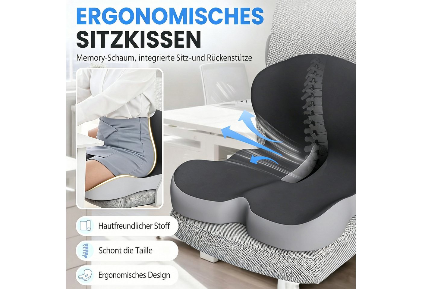 ibettertec Sitzkissen Hämorrhoiden Sitzkissen Orthopädisch für Hämorrhoiden Eisseide Gewebe, Ergonomisches Sitzring Memory Foam Kissen für Bürostuhl Auto Rollstuhl