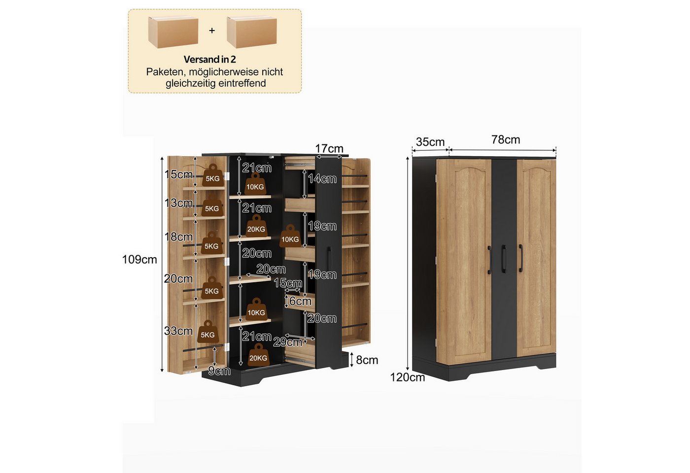 Celya Küchenbuffet Küchenschrank Doppeltürschrank mit 4-stufigem Vertikalauszug (mit Gewürzregal, verstellbaren Regalböden und modernem Design) Bild 2