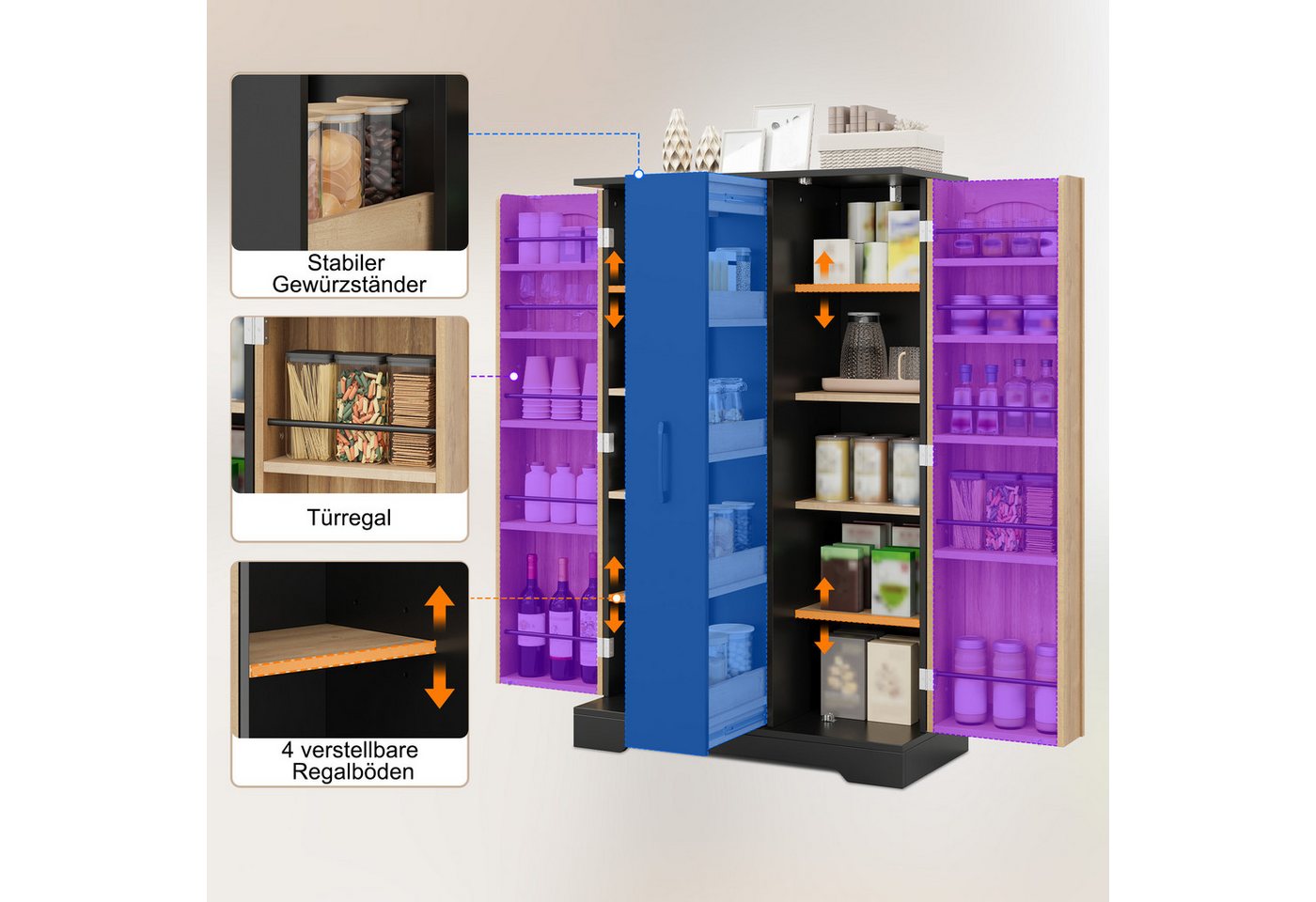 Celya Küchenbuffet Küchenschrank Doppeltürschrank mit 4-stufigem Vertikalauszug (mit Gewürzregal, verstellbaren Regalböden und modernem Design) Bild 4