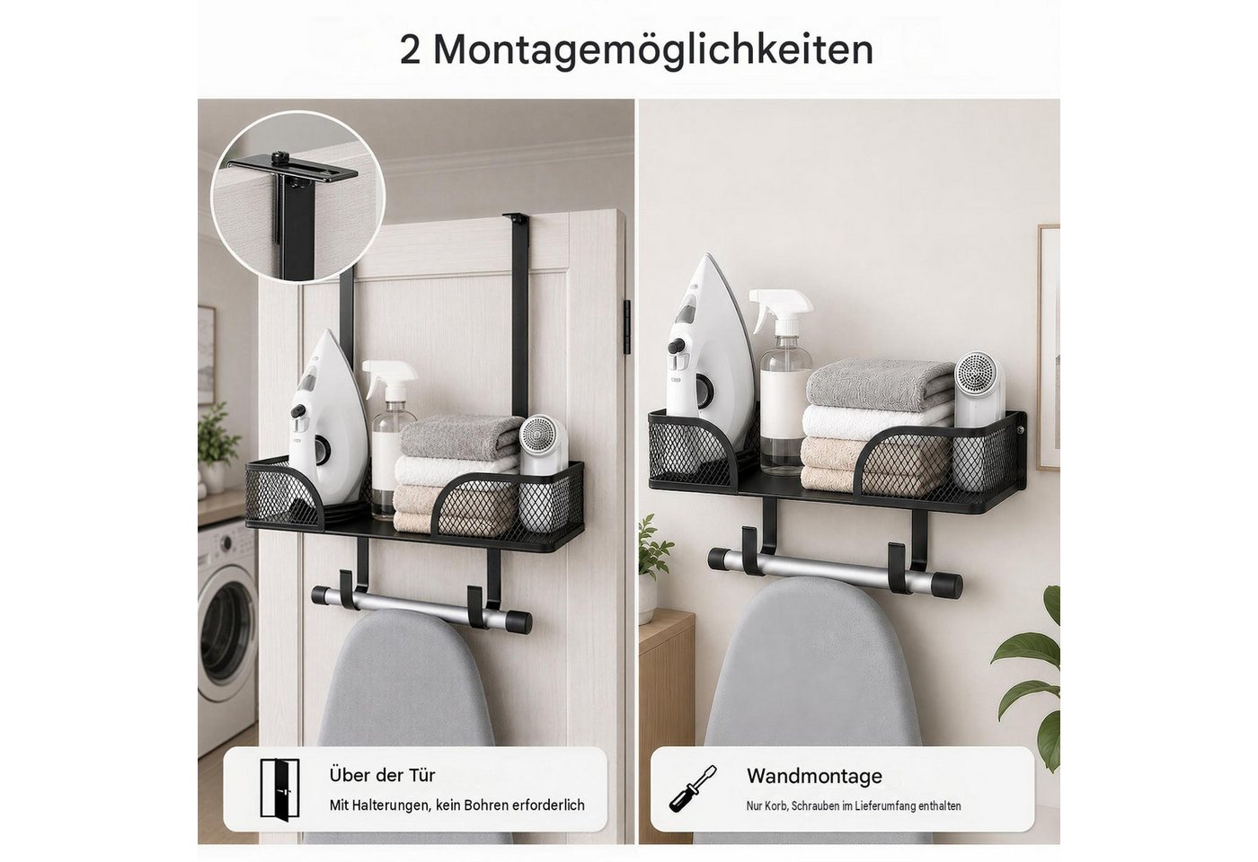 BlingBin Türhaken Bügelbrett Halterung Wandhalterung mit großem Aufbewahrungskorb, Waschküche, Bad, küche, (1 Stück, 1-St., 31.5*15.5*43.5cm), Bügeleisen Bügelbretthalter für die Waschküche,hängeregal Bad küche Bild 3