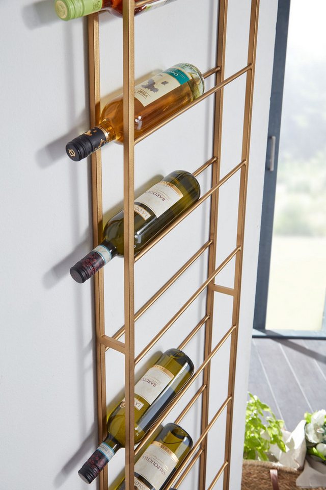 FINEBUY Weinregal FB41453 Flaschenregal Wand 36x150x8 cm Metall Regal Wein Groß, Regal Wandmontage Schmal, Wandregal Wein Metall, Flaschenregal für die Wand, 36x150x8 cm Gold Bild 3