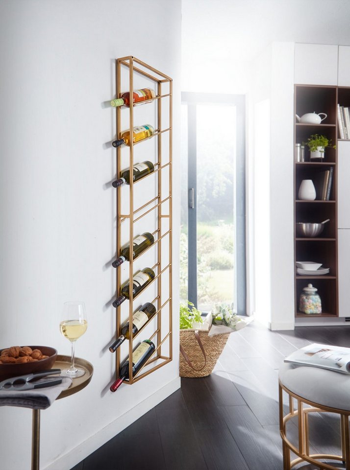 FINEBUY Weinregal FB41453 Flaschenregal Wand 36x150x8 cm Metall Regal Wein Groß, Regal Wandmontage Schmal, Wandregal Wein Metall, Flaschenregal für die Wand, 36x150x8 cm Gold Bild 4