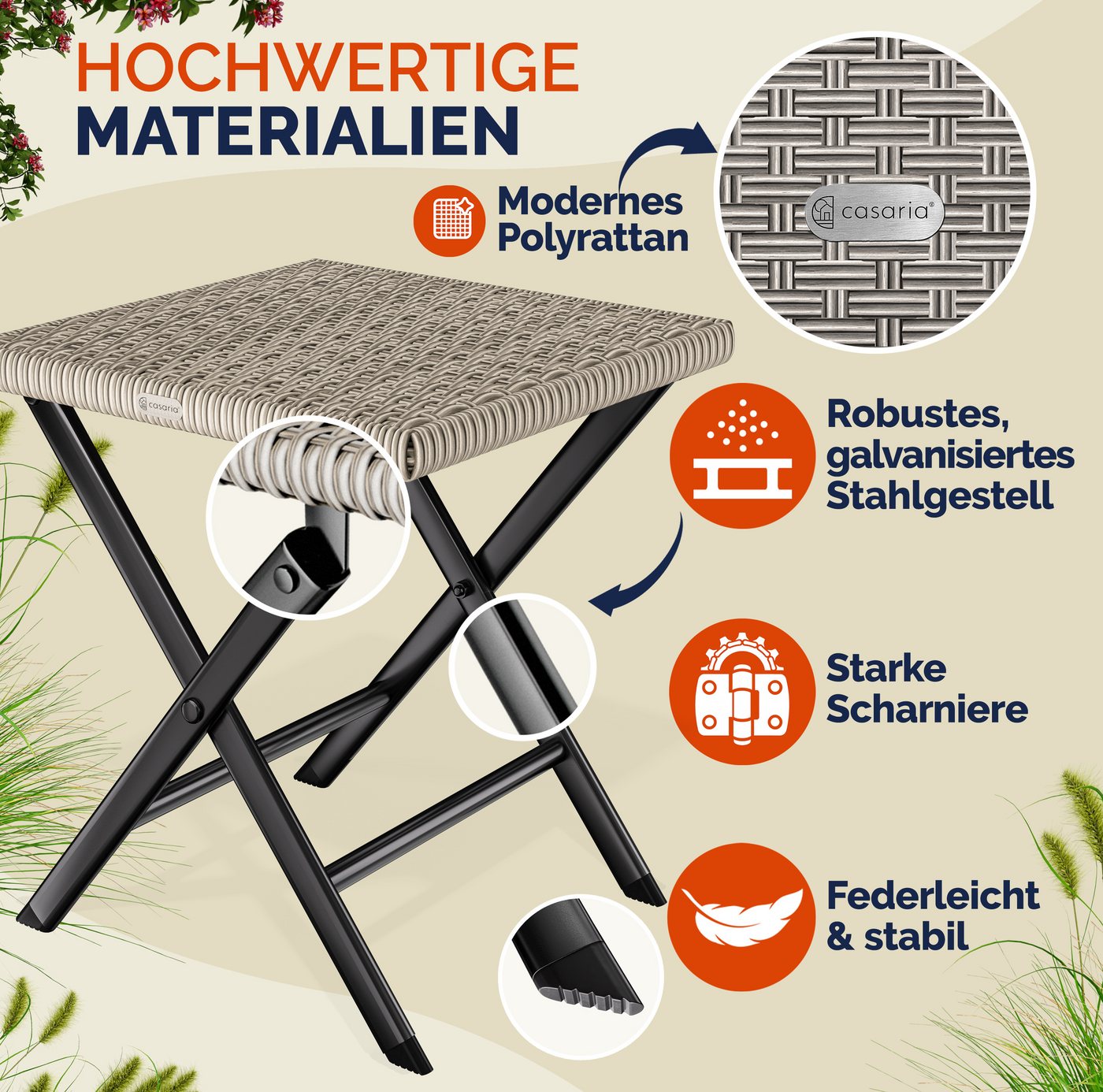 Casaria Klappstuhl, Polyrattan 75kg Belastbarkeit 44x40x44cm Klappbar Leicht Tragbar Bild 5