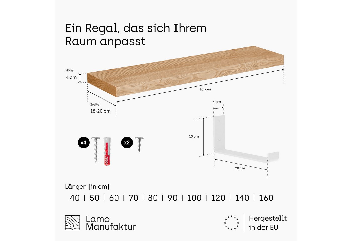 LAMO Manufaktur Wandregal Holz Gerade Regal Farbe: Dunkel mit weißem Industrial 40 cm, Komplett-Set, 40mm stake Massivholzplatte Bild 5