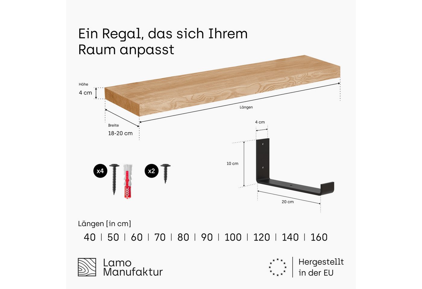 LAMO Manufaktur Wandregal Holz Gerade Regal Farbe: Dunkel mit schwarzem Industrial 40 cm, Komplett-Set, 40mm stake Massivholzplatte Bild 5