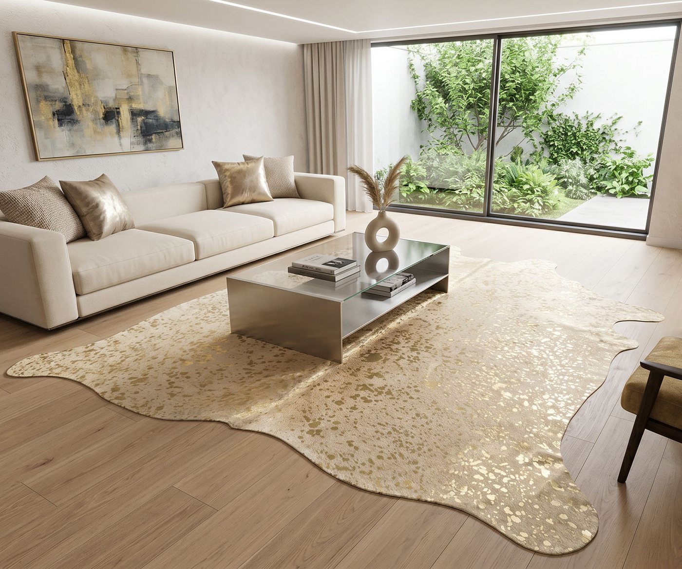 KUHFELL online & NOMAD Fellteppich Kuhfell Rinderfell Teppich hellgrau Silber & Gold Metallic Effekt XL Bild 2