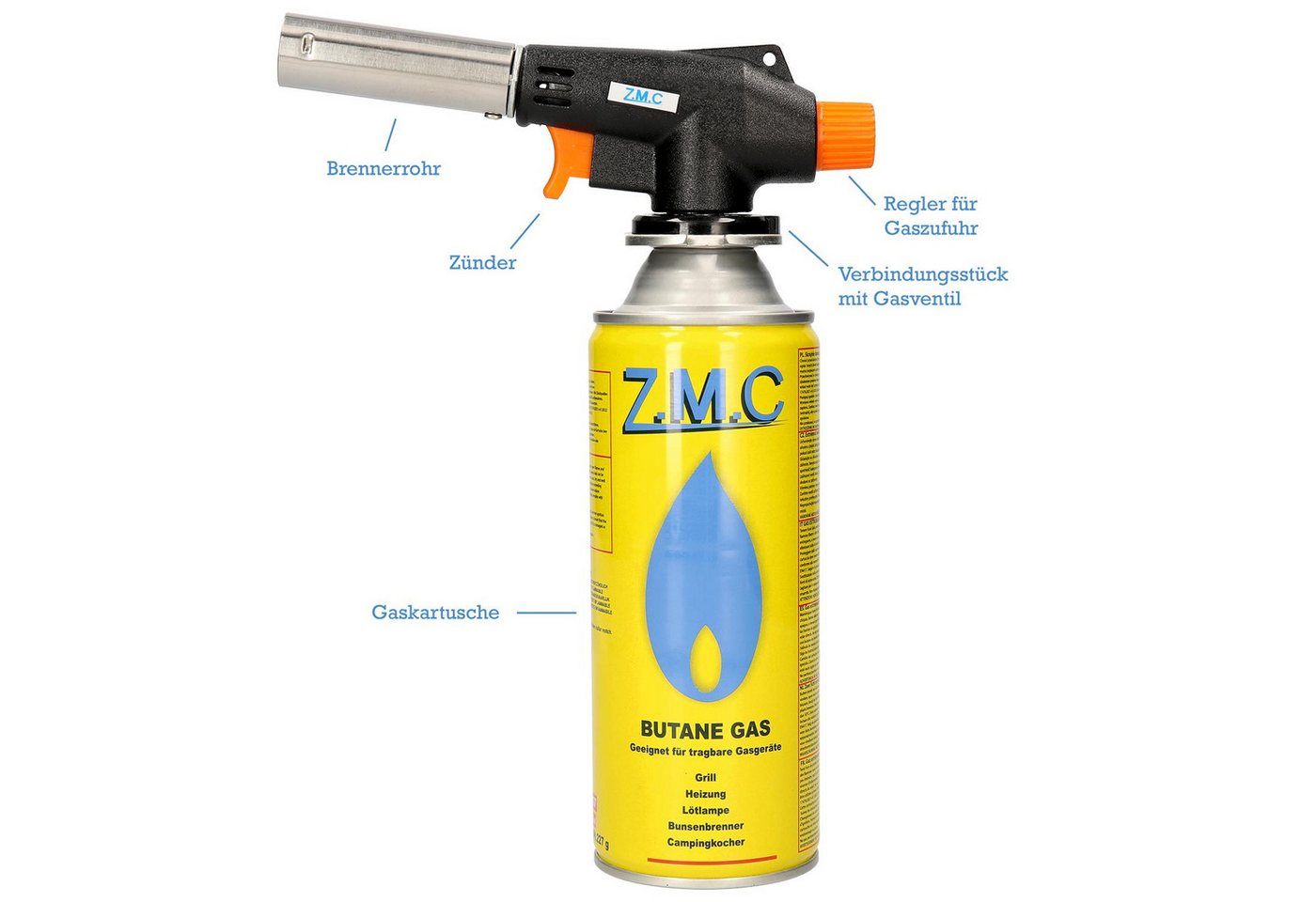 ZMC Flambierbrenner FBA_Gasbrenner Bunsenbrenner Lötlampe Lötbrenner Gasanzünder + Gaskart, Gasanzünder
