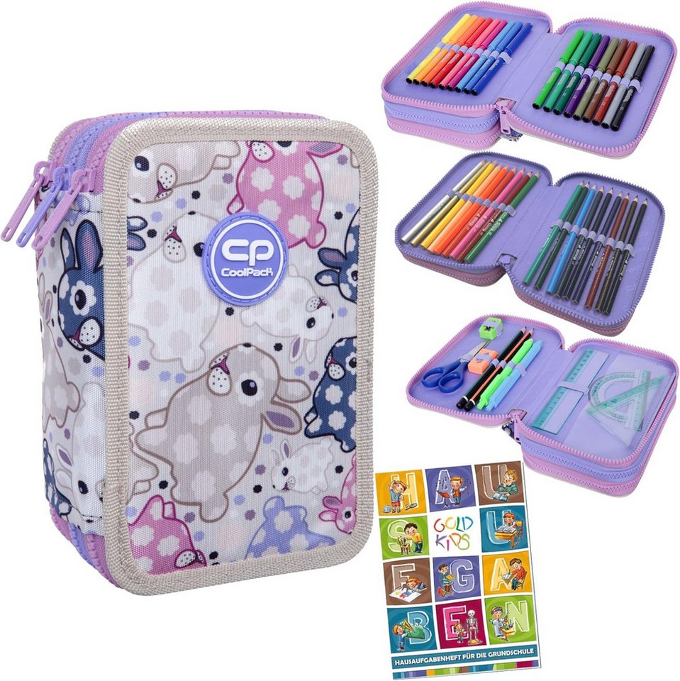 GOLDKIDS Federmäppchen 3 Fächer - Mäppchen für Mädchen und Jungen -, (Federmappe 3-Fach Federtasche Gefüllte, 1-tlg., Schüleretui 46-teilig), - Schulmäppchen und Hausaufgabenheft - Kaninchen Motiv Bild 2