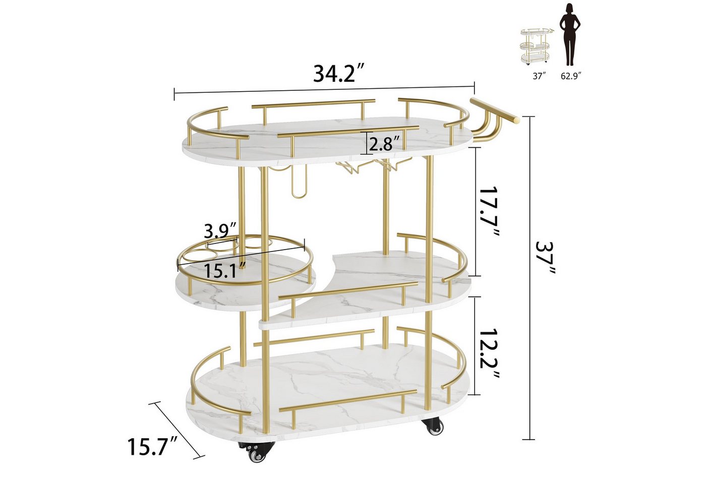 GarveeMore Küchenwagen 3-stöckiger Barwagen mit Rädern und Griff,Drehbarer Gold Servierwagen, Barwagenmit Weinregal und Glashalter für Küche, Wohnzimmer, Esszimmer