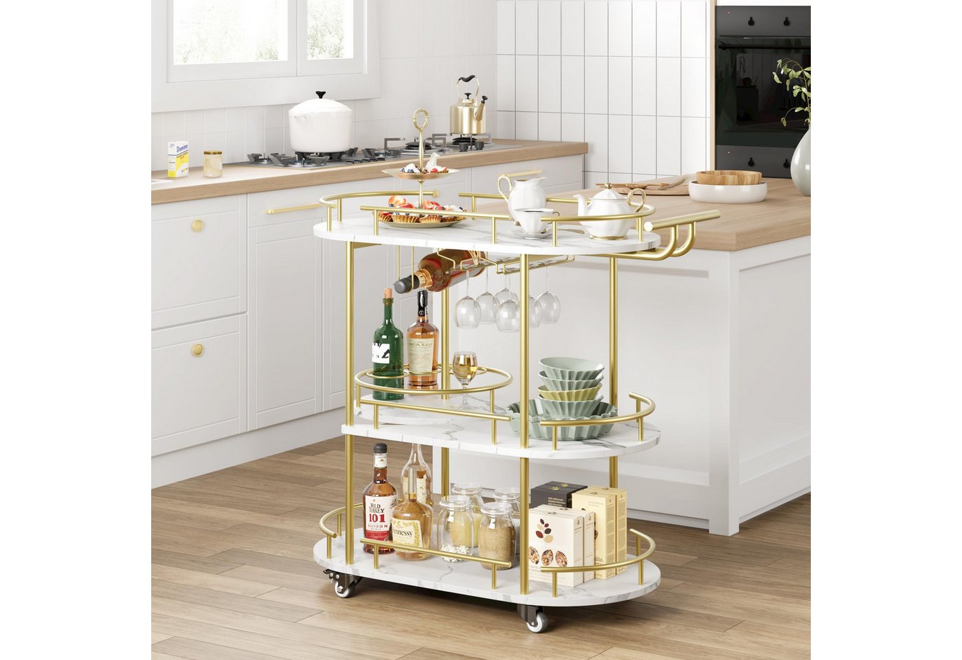 GarveeMore Küchenwagen 3-stöckiger Barwagen mit Rädern und Griff,Drehbarer Gold Servierwagen, Barwagenmit Weinregal und Glashalter für Küche, Wohnzimmer, Esszimmer Bild 2