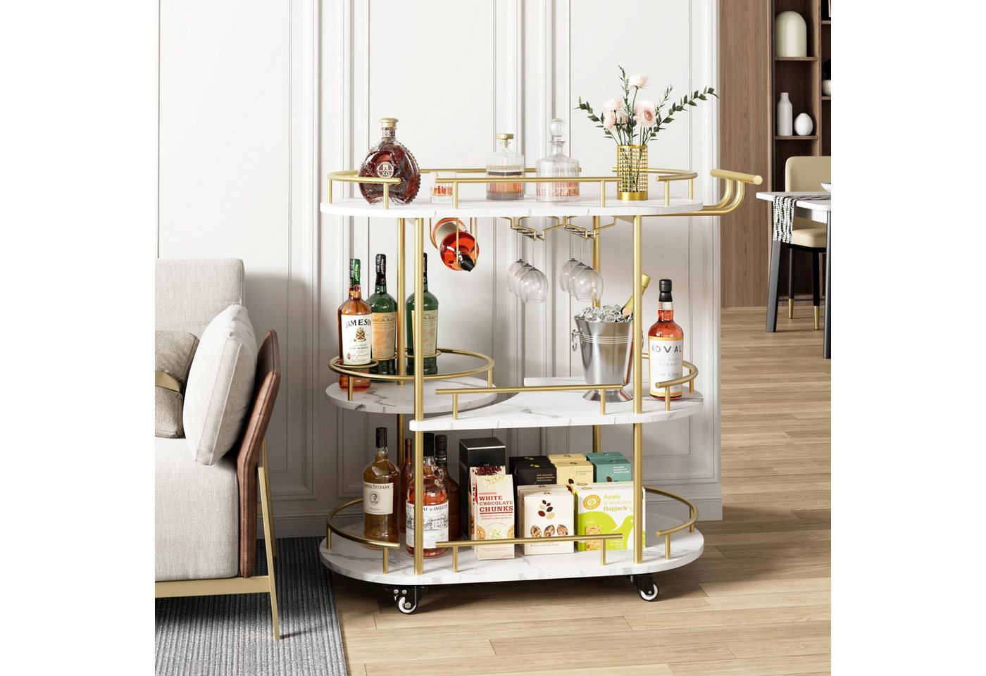GarveeMore Küchenwagen 3-stöckiger Barwagen mit Rädern und Griff,Drehbarer Gold Servierwagen, Barwagenmit Weinregal und Glashalter für Küche, Wohnzimmer, Esszimmer Bild 3