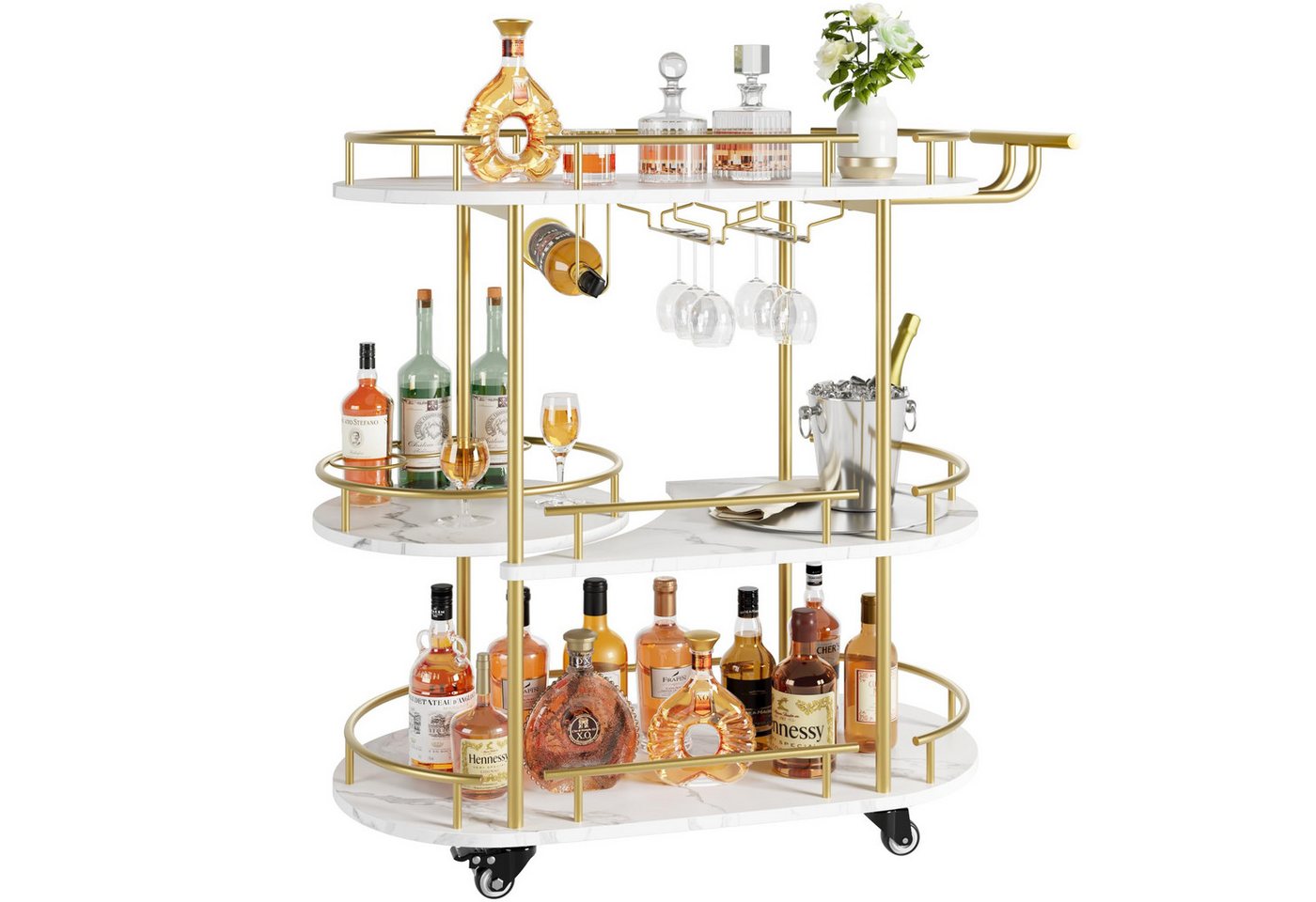 GarveeMore Küchenwagen 3-stöckiger Barwagen mit Rädern und Griff,Drehbarer Gold Servierwagen, Barwagenmit Weinregal und Glashalter für Küche, Wohnzimmer, Esszimmer Bild 4