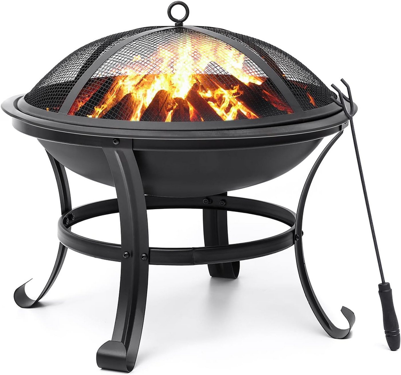 MECO Feuerschale, (1-St), Runde Outdoor-Feuerstelle 56 cm mit Funkenschutz & Feuerpoker Bild 4