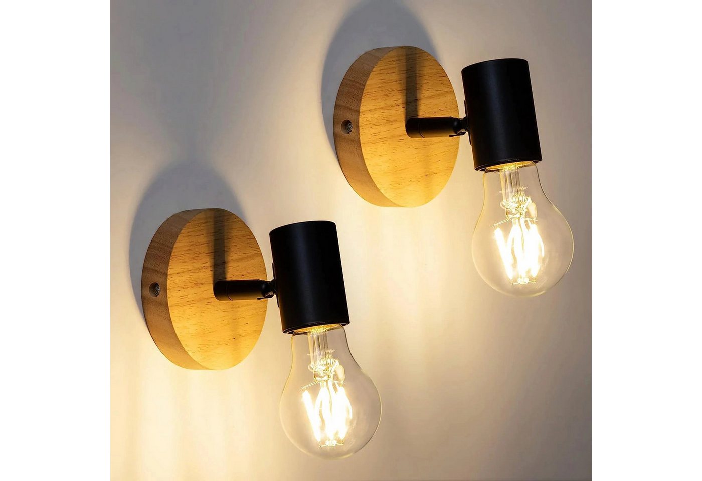 Riserva Wandleuchte Industrielle Wandlampe Holz Schwarz, 2er-Set, E27, 10x10cm Bild 5