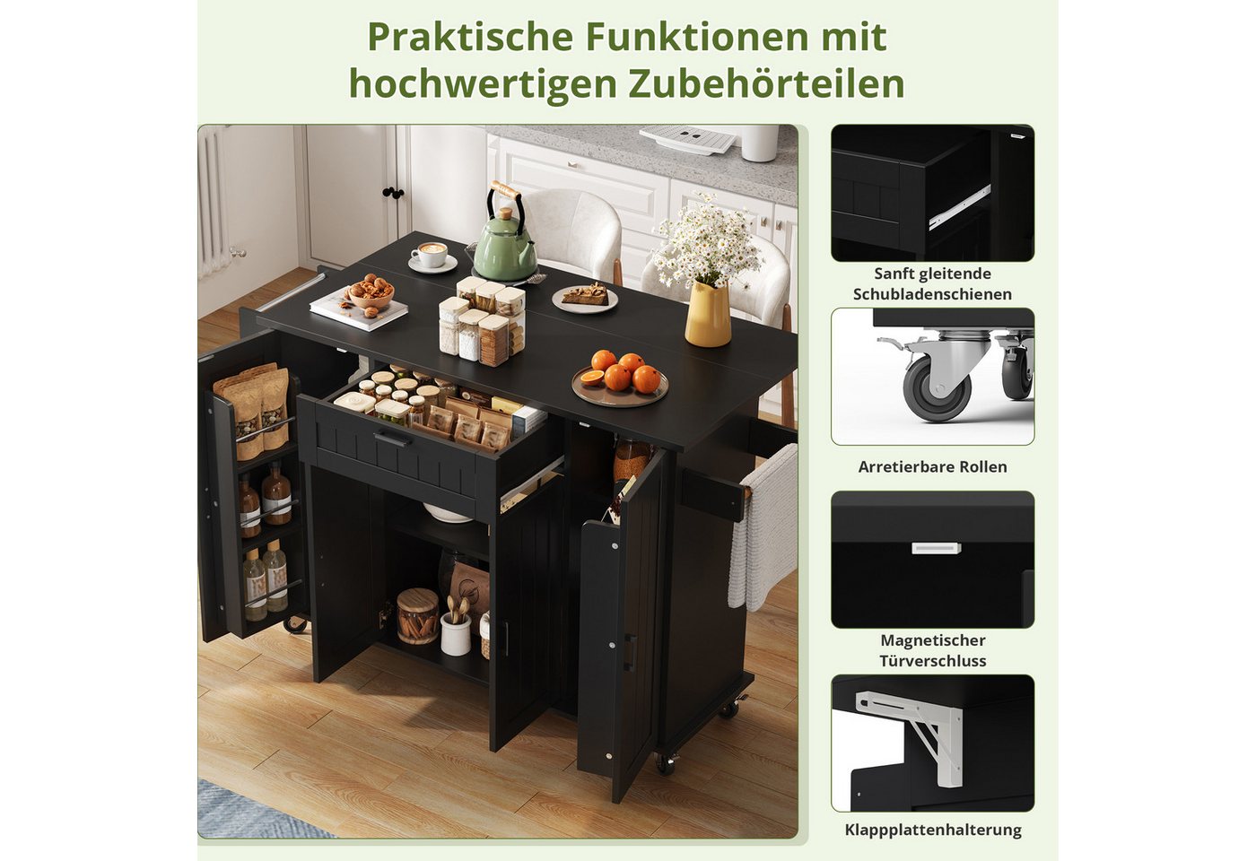 i@home Kücheninsel mit klappbarer Arbeitsplatte, (4 Türen + 1 Schublade, Mit Gewürzregal & Handtuchhalter), Küchenwagen auf Rollen, Ideal für kleine Küche, Wohnküche & Esszimmer
