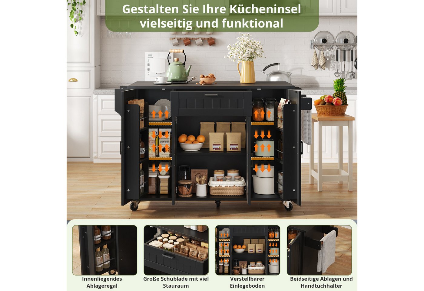 i@home Kücheninsel mit klappbarer Arbeitsplatte, (4 Türen + 1 Schublade, Mit Gewürzregal & Handtuchhalter), Küchenwagen auf Rollen, Ideal für kleine Küche, Wohnküche & Esszimmer Bild 3