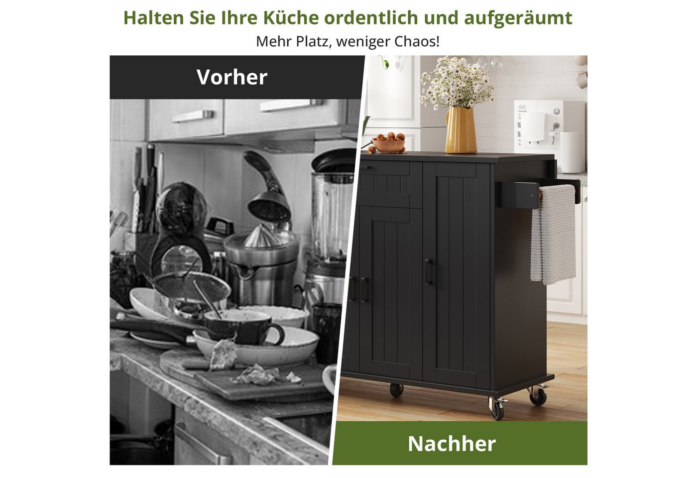 i@home Kücheninsel mit klappbarer Arbeitsplatte, (4 Türen + 1 Schublade, Mit Gewürzregal & Handtuchhalter), Küchenwagen auf Rollen, Ideal für kleine Küche, Wohnküche & Esszimmer Bild 5