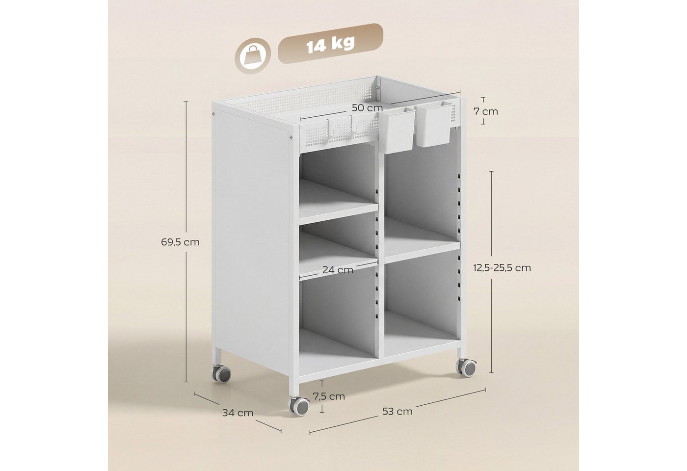 HOMCOM Bücherregal Bücherwagen, mit 4 Ebenen, oberem Aufbewahrungskorb, für Zuhause, Bürowagen 1-tlg., Mobiler Bücherwagen mit verstellbaren Regalböden.