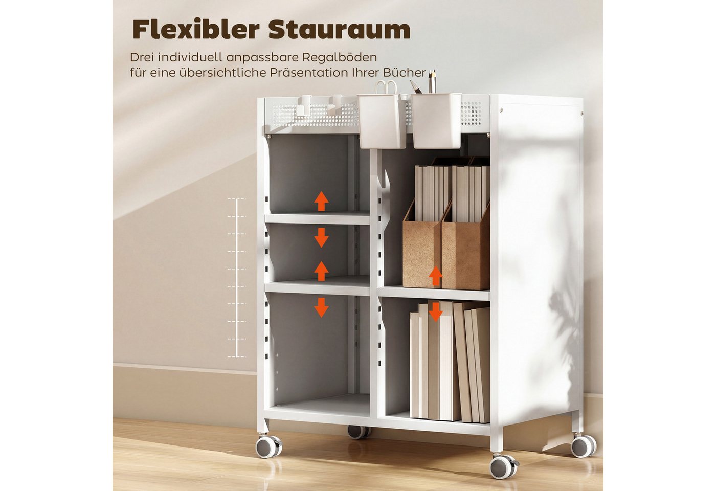 HOMCOM Bücherregal Bücherwagen, mit 4 Ebenen, oberem Aufbewahrungskorb, für Zuhause, Bürowagen 1-tlg., Mobiler Bücherwagen mit verstellbaren Regalböden. Bild 2