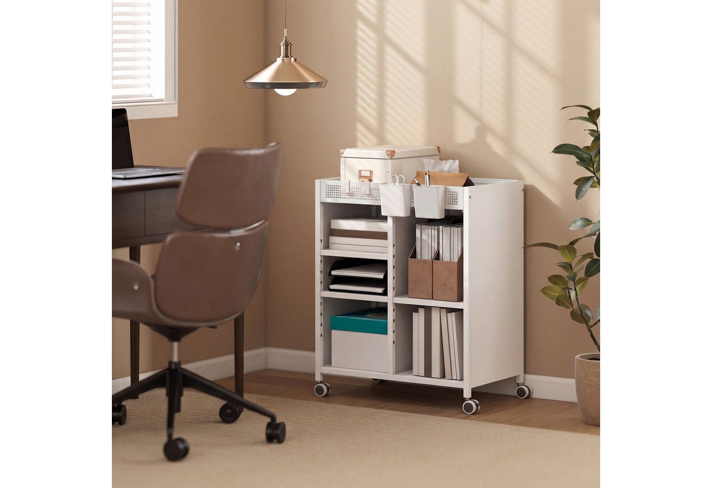 HOMCOM Bücherregal Bücherwagen, mit 4 Ebenen, oberem Aufbewahrungskorb, für Zuhause, Bürowagen 1-tlg., Mobiler Bücherwagen mit verstellbaren Regalböden. Bild 3