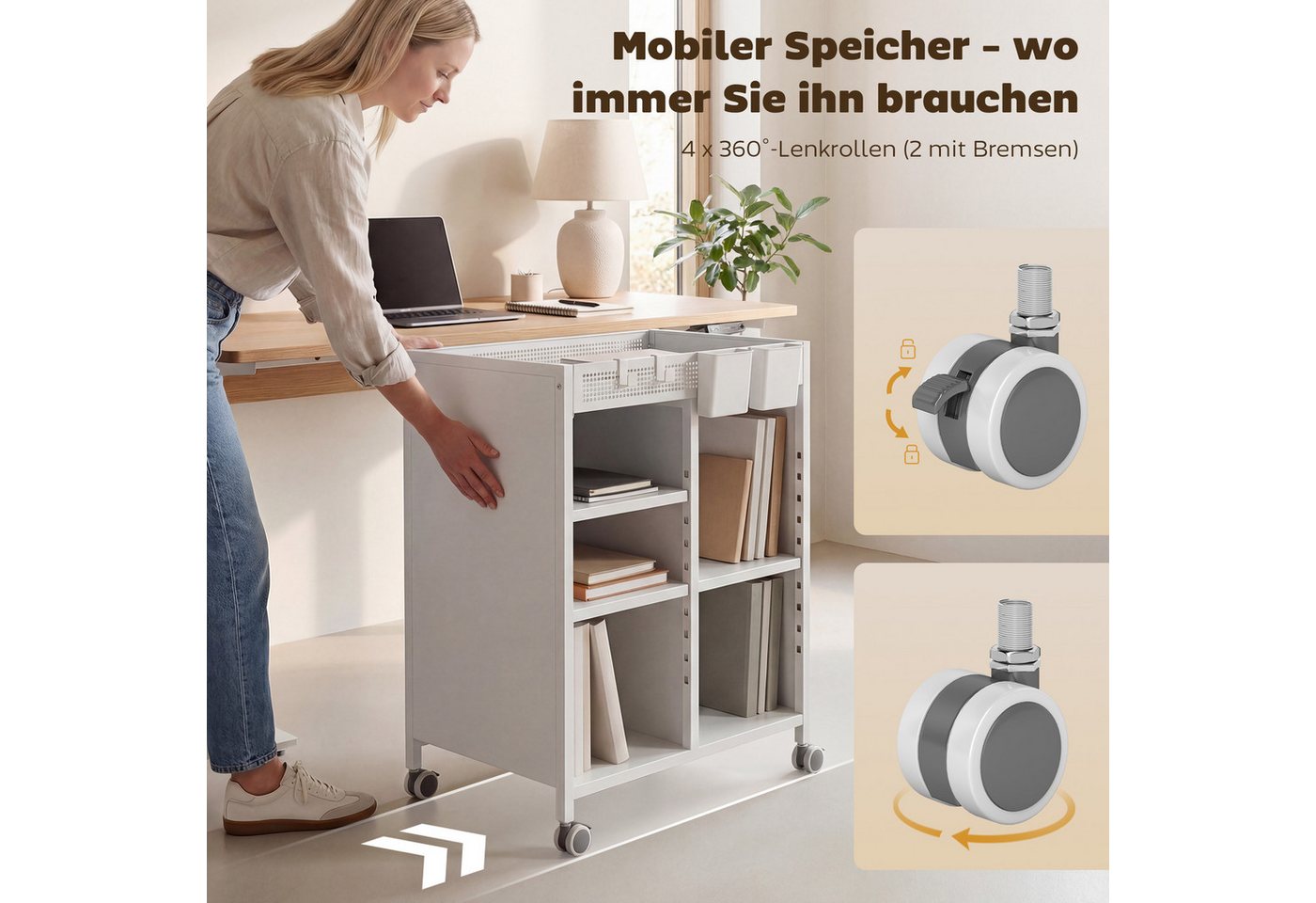 HOMCOM Bücherregal Bücherwagen, mit 4 Ebenen, oberem Aufbewahrungskorb, für Zuhause, Bürowagen 1-tlg., Mobiler Bücherwagen mit verstellbaren Regalböden. Bild 4