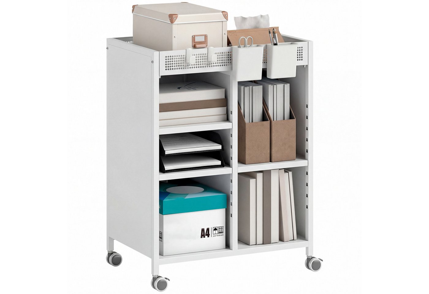 HOMCOM Bücherregal Bücherwagen, mit 4 Ebenen, oberem Aufbewahrungskorb, für Zuhause, Bürowagen 1-tlg., Mobiler Bücherwagen mit verstellbaren Regalböden. Bild 5