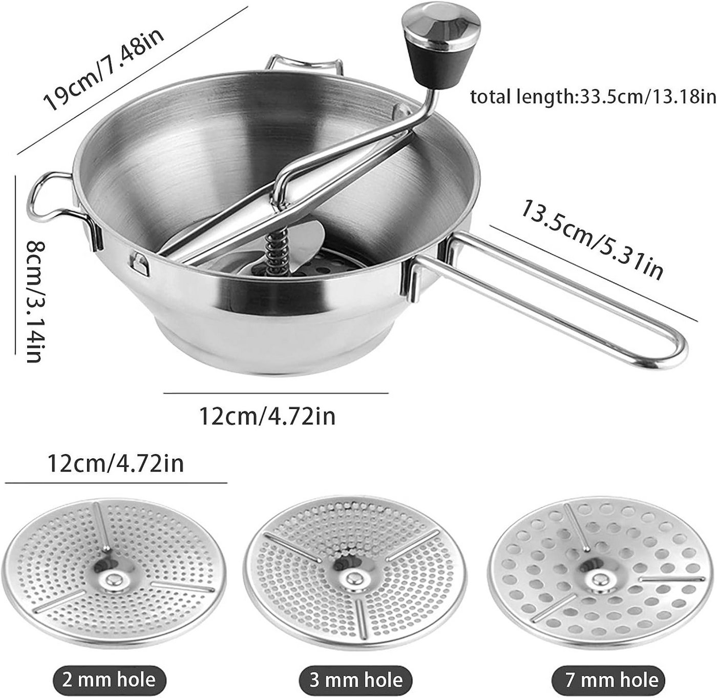 MC Star Passiersieb Passiergerät Edelstahl mit 3 Siebeinsatz Passiermühle, (manueller Handgrinder für Babynahrung, Gemüse & Tomatensoße)