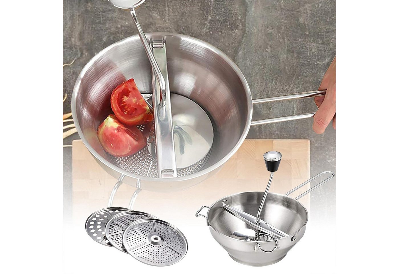 MC Star Passiersieb Passiergerät Edelstahl mit 3 Siebeinsatz Passiermühle, (manueller Handgrinder für Babynahrung, Gemüse & Tomatensoße) Bild 3