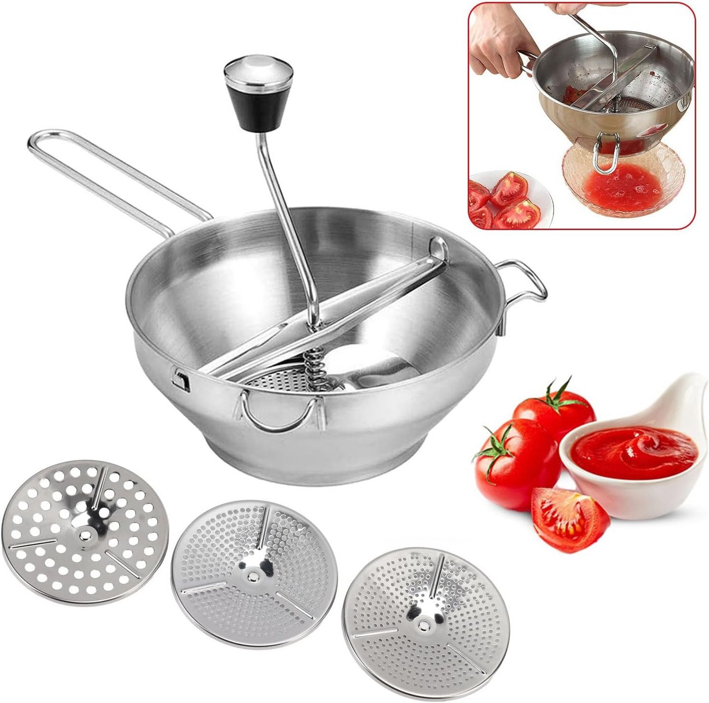 MC Star Passiersieb Passiergerät Edelstahl mit 3 Siebeinsatz Passiermühle, (manueller Handgrinder für Babynahrung, Gemüse & Tomatensoße) Bild 4